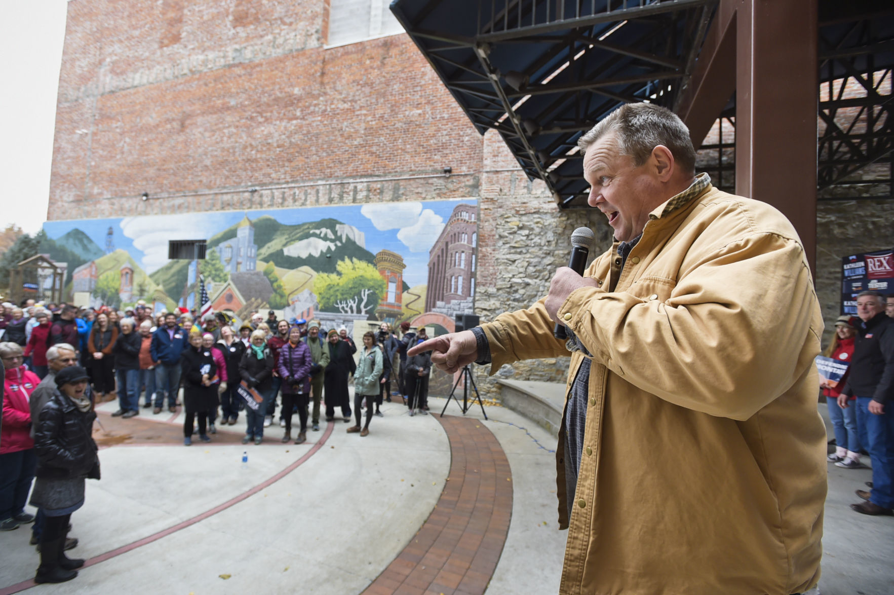Sen. Jon Tester leads a cheer